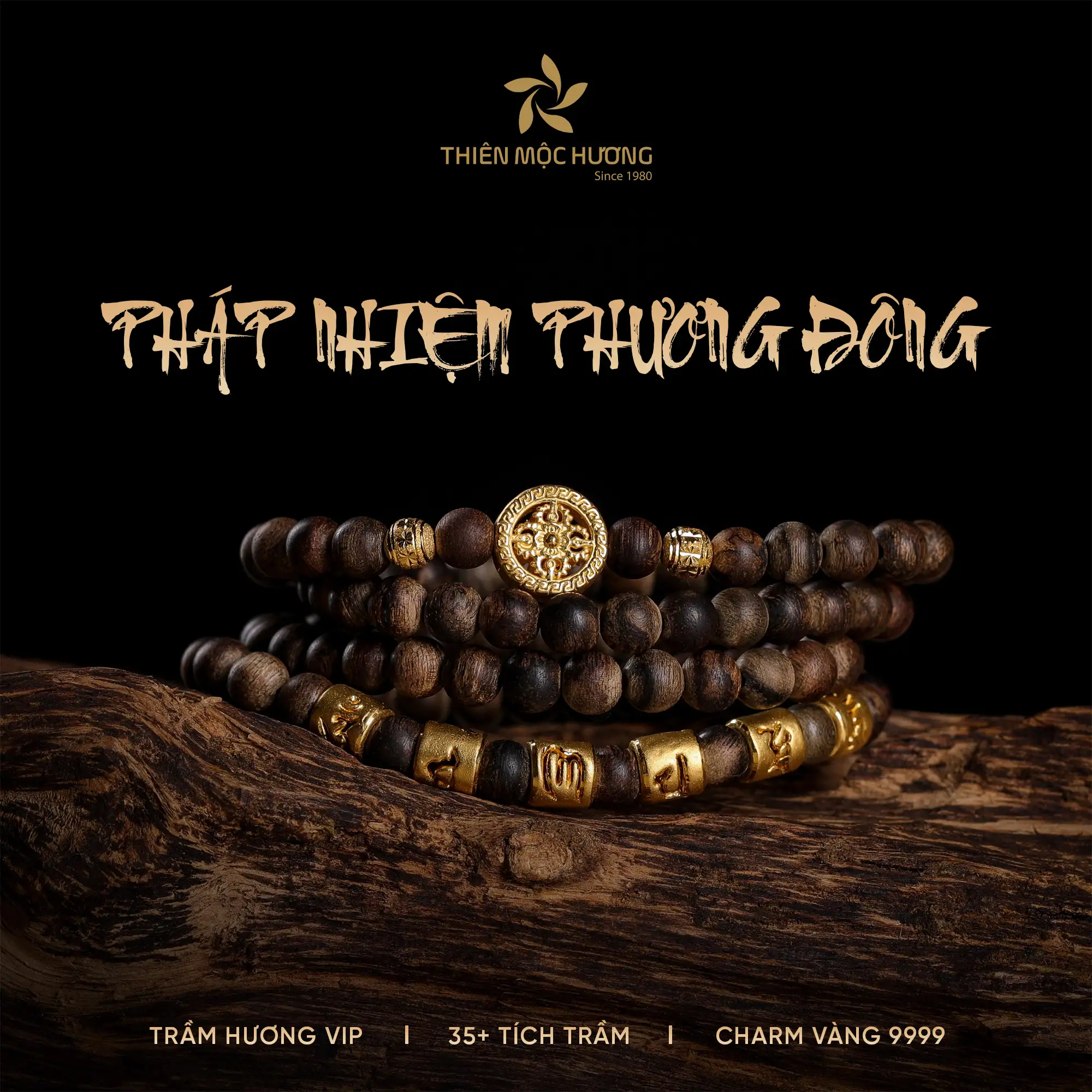 Vòng Trầm Hương Pháp Nhiệm Phương Đông chế tác từ trầm Philippines 35 năm tuổi, kết hợp charm vàng 24K và biểu tượng Pháp luân, vừa toát lên vẻ sang trọng vừa lan tỏa giá trị tâm linh